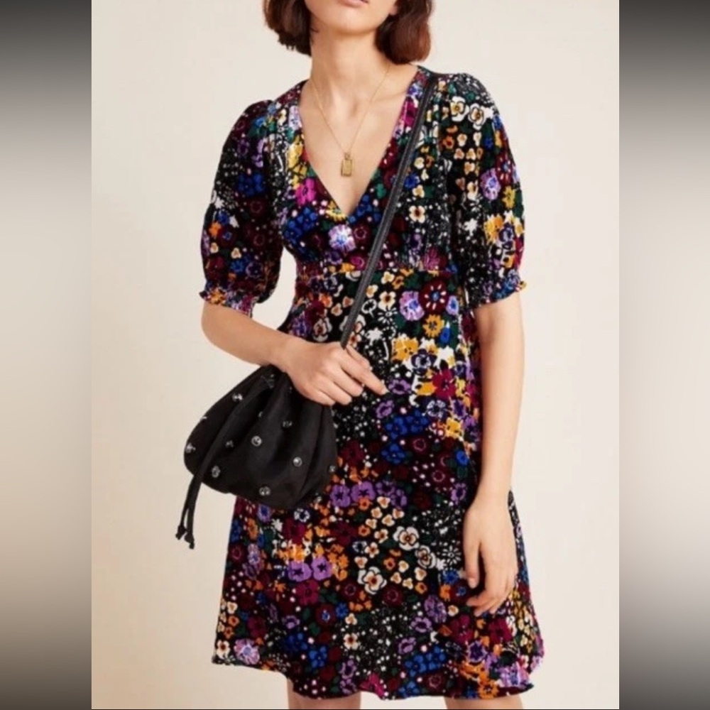 Anthropologie Francis Multicolor Floral Velvet Mini Dress